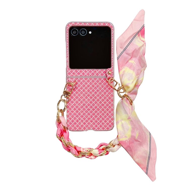 For Motorola Razr 50 Sparkling Diamond Rhombus PC Phone Case with Silk Scarf Bracelet(Pink) by buy2fix