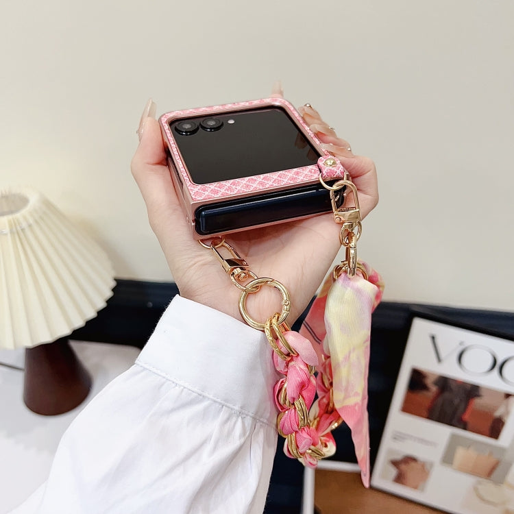 For Motorola Razr 50 Sparkling Diamond Rhombus PC Phone Case with Silk Scarf Bracelet(Pink) by buy2fix