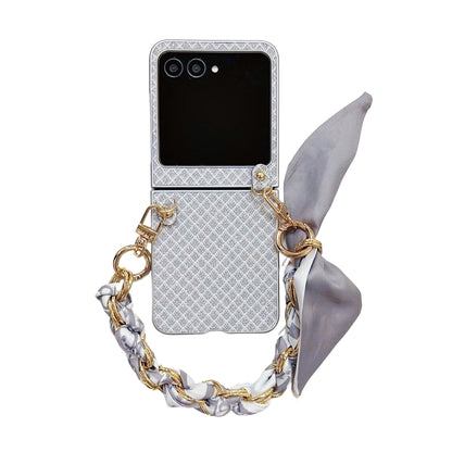 For Motorola Razr 50 Sparkling Diamond Rhombus PC Phone Case with Silk Scarf Bracelet(Silver) by buy2fix