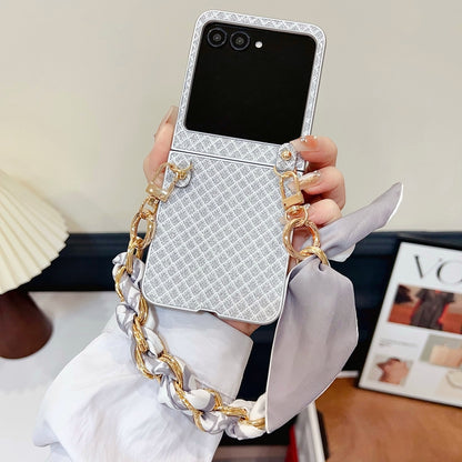 For Motorola Razr 50 Sparkling Diamond Rhombus PC Phone Case with Silk Scarf Bracelet(Silver) by buy2fix