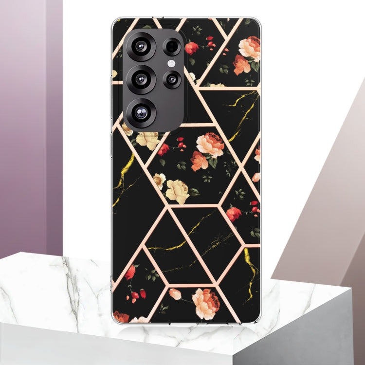 For Samsung Galaxy S25 Ultra 5G Splicing Marble Flower IMD TPU Phone Case(Black Flower) by buy2fix