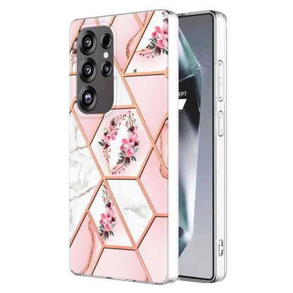 For Samsung Galaxy S25 Ultra 5G Splicing Marble Flower IMD TPU Phone Case(Pink Flower) by buy2fix