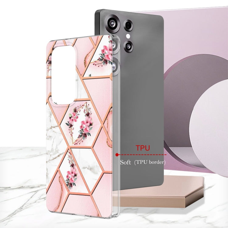 For Samsung Galaxy S25 Ultra 5G Splicing Marble Flower IMD TPU Phone Case(Pink Flower) by buy2fix