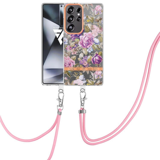 For Samsung Galaxy S25 Ultra 5G Flowers and Plants Series IMD TPU Phone Case with Lanyard(Purple Peony) by buy2fix