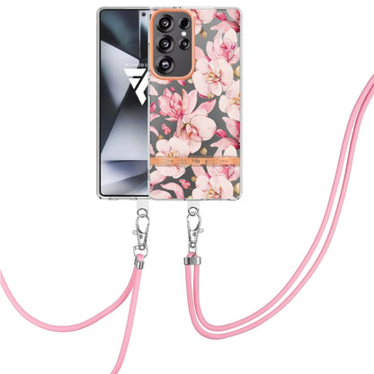 For Samsung Galaxy S25 Ultra 5G Flowers and Plants Series IMD TPU Phone Case with Lanyard(Pink Gardenia) by buy2fix