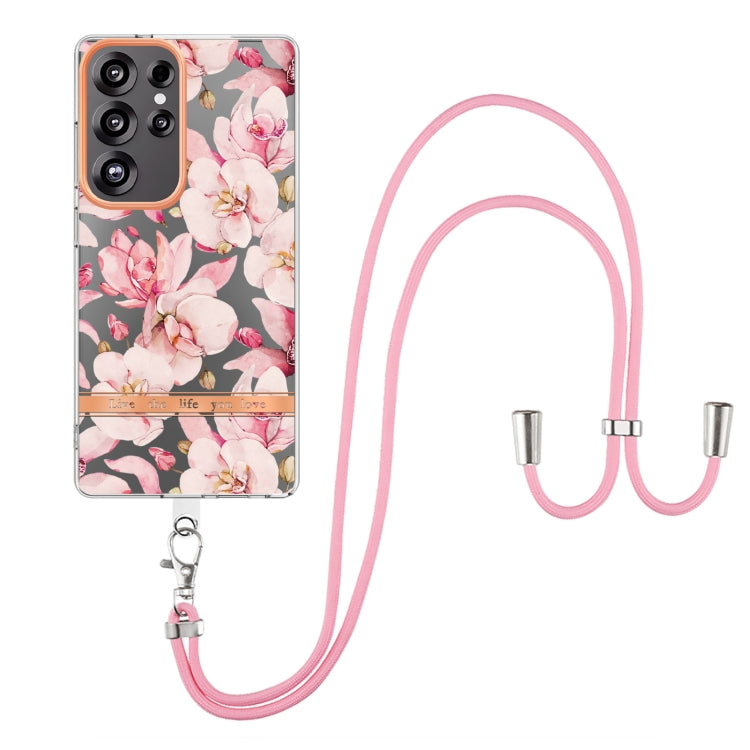 For Samsung Galaxy S25 Ultra 5G Flowers and Plants Series IMD TPU Phone Case with Lanyard(Pink Gardenia) by buy2fix