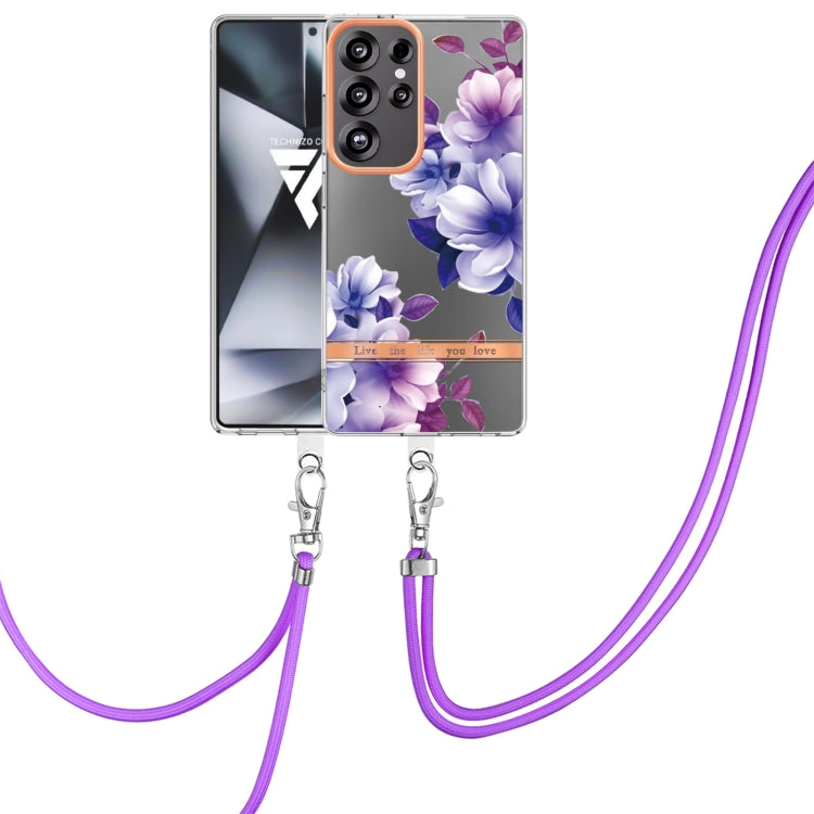 For Samsung Galaxy S25 Ultra 5G Flowers and Plants Series IMD TPU Phone Case with Lanyard(Purple Begonia) by buy2fix