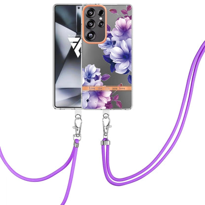 For Samsung Galaxy S25 Ultra 5G Flowers and Plants Series IMD TPU Phone Case with Lanyard(Purple Begonia) by buy2fix