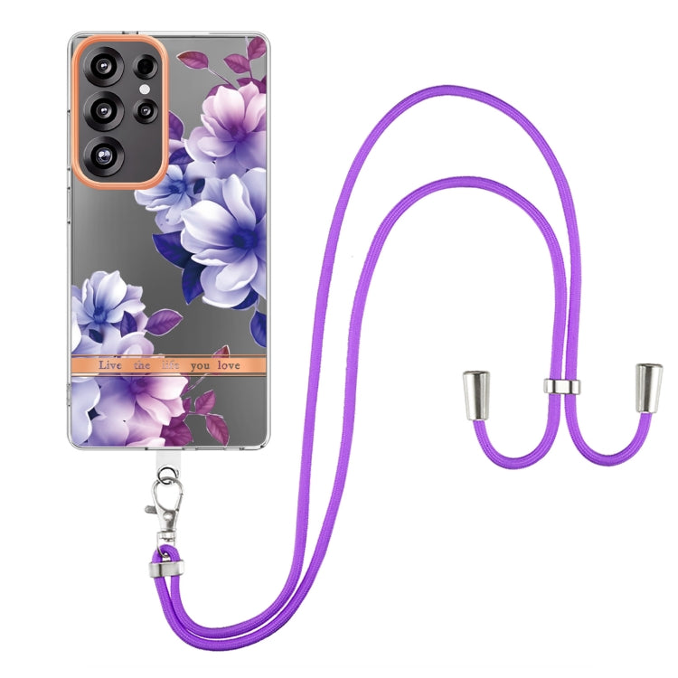 For Samsung Galaxy S25 Ultra 5G Flowers and Plants Series IMD TPU Phone Case with Lanyard(Purple Begonia) by buy2fix