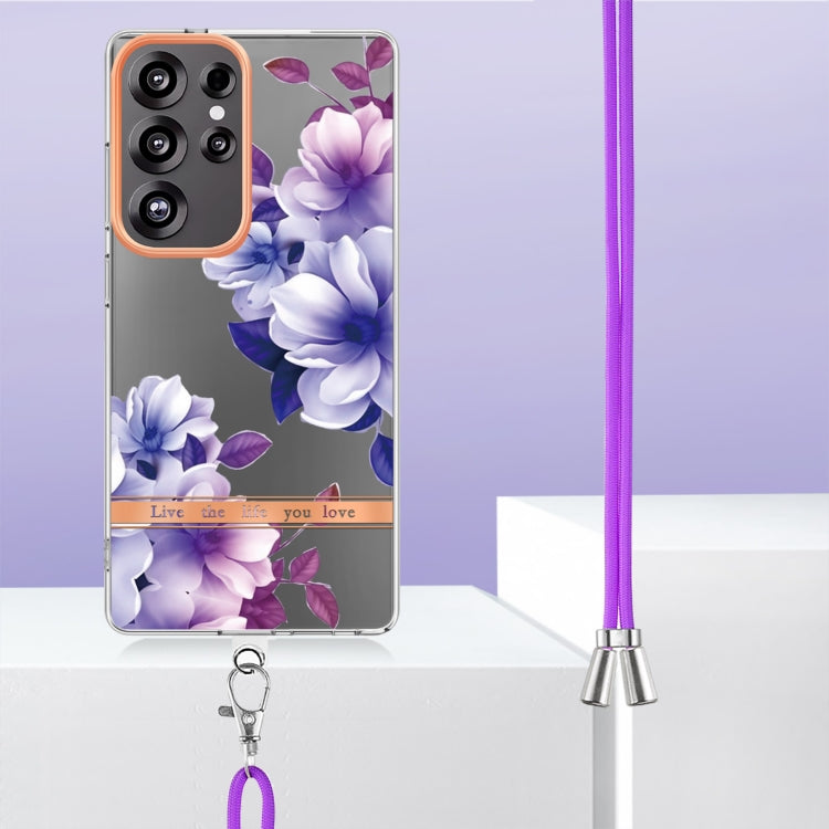 For Samsung Galaxy S25 Ultra 5G Flowers and Plants Series IMD TPU Phone Case with Lanyard(Purple Begonia) by buy2fix