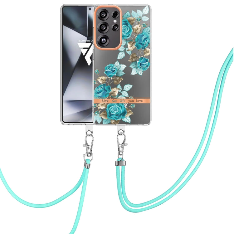 For Samsung Galaxy S25 Ultra 5G Flowers and Plants Series IMD TPU Phone Case with Lanyard(Blue Rose) by buy2fix