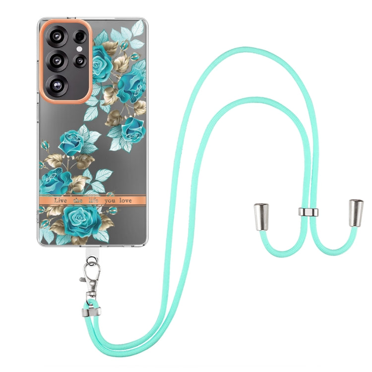 For Samsung Galaxy S25 Ultra 5G Flowers and Plants Series IMD TPU Phone Case with Lanyard(Blue Rose) by buy2fix