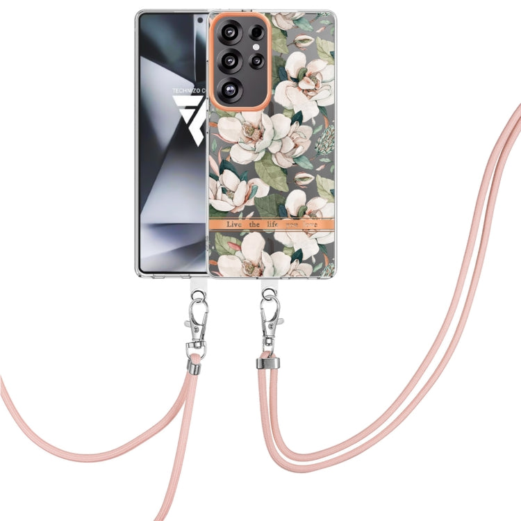 For Samsung Galaxy S25 Ultra 5G Flowers and Plants Series IMD TPU Phone Case with Lanyard(Green Gardenia) by buy2fix
