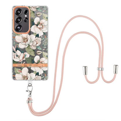 For Samsung Galaxy S25 Ultra 5G Flowers and Plants Series IMD TPU Phone Case with Lanyard(Green Gardenia) by buy2fix