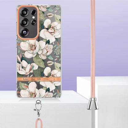 For Samsung Galaxy S25 Ultra 5G Flowers and Plants Series IMD TPU Phone Case with Lanyard(Green Gardenia) by buy2fix