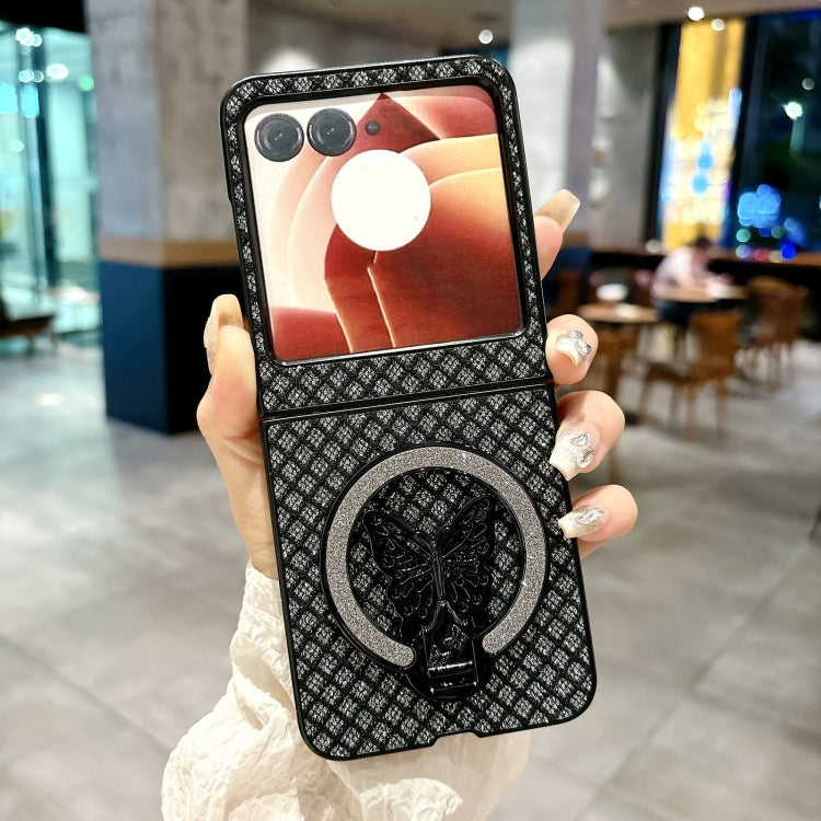 For Motorola Razr 50 Ultra Sparkling Diamond Rhombus PC Phone Case with Holder(Black) by buy2fix