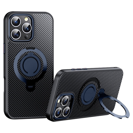 For iPhone 16 Pro Max Carbon Fiber MagSafe Phone Case with 360 Degree Rotating Holder(Black Blue) - iPhone 16 Pro Max Cases by buy2fix | Online Shopping UK | buy2fix