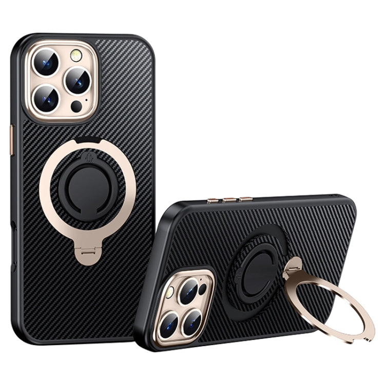 For iPhone 16 Pro Carbon Fiber MagSafe Phone Case with 360 Degree Rotating Holder(Black Gold) - iPhone 16 Pro Cases by buy2fix | Online Shopping UK | buy2fix