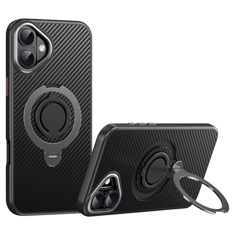 For iPhone 16 Plus Carbon Fiber MagSafe Phone Case with 360 Degree Rotating Holder(Black Grey) - iPhone 16 Plus Cases by buy2fix | Online Shopping UK | buy2fix