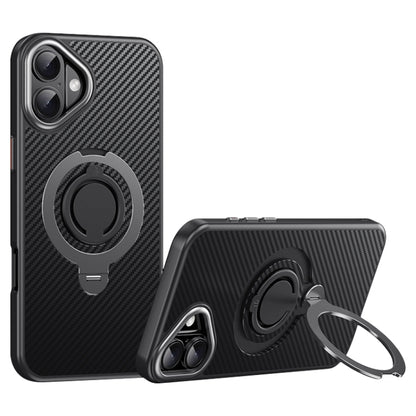 For iPhone 16 Plus Carbon Fiber MagSafe Phone Case with 360 Degree Rotating Holder(Black Grey) - iPhone 16 Plus Cases by buy2fix | Online Shopping UK | buy2fix