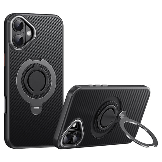 For iPhone 16 Plus Carbon Fiber MagSafe Phone Case with 360 Degree Rotating Holder(Black Grey) - iPhone 16 Plus Cases by buy2fix | Online Shopping UK | buy2fix