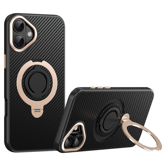 For iPhone 16 Plus Carbon Fiber MagSafe Phone Case with 360 Degree Rotating Holder(Black Gold) - iPhone 16 Plus Cases by buy2fix | Online Shopping UK | buy2fix