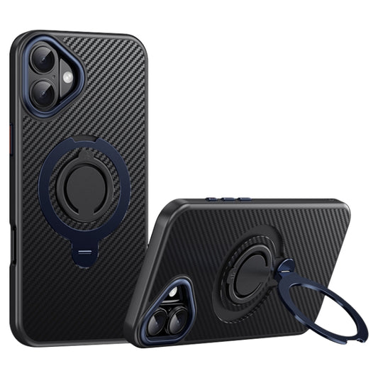 For iPhone 16 Plus Carbon Fiber MagSafe Phone Case with 360 Degree Rotating Holder(Black Blue) - iPhone 16 Plus Cases by buy2fix | Online Shopping UK | buy2fix
