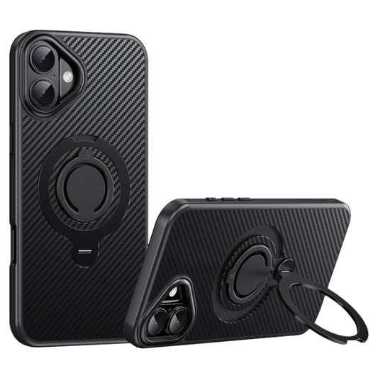 For iPhone 16 Plus Carbon Fiber MagSafe Phone Case with 360 Degree Rotating Holder(Black) - iPhone 16 Plus Cases by buy2fix | Online Shopping UK | buy2fix
