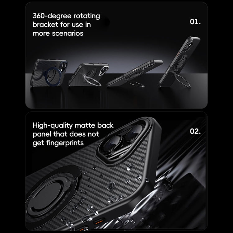For iPhone 16 Plus Carbon Fiber MagSafe Phone Case with 360 Degree Rotating Holder(Black) - iPhone 16 Plus Cases by buy2fix | Online Shopping UK | buy2fix