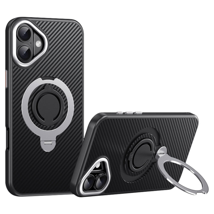 For iPhone 16 Plus Carbon Fiber MagSafe Phone Case with 360 Degree Rotating Holder(Black Silver) - iPhone 16 Plus Cases by buy2fix | Online Shopping UK | buy2fix