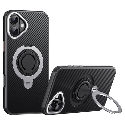 For iPhone 16 Plus Carbon Fiber MagSafe Phone Case with 360 Degree Rotating Holder(Black Silver) - iPhone 16 Plus Cases by buy2fix | Online Shopping UK | buy2fix