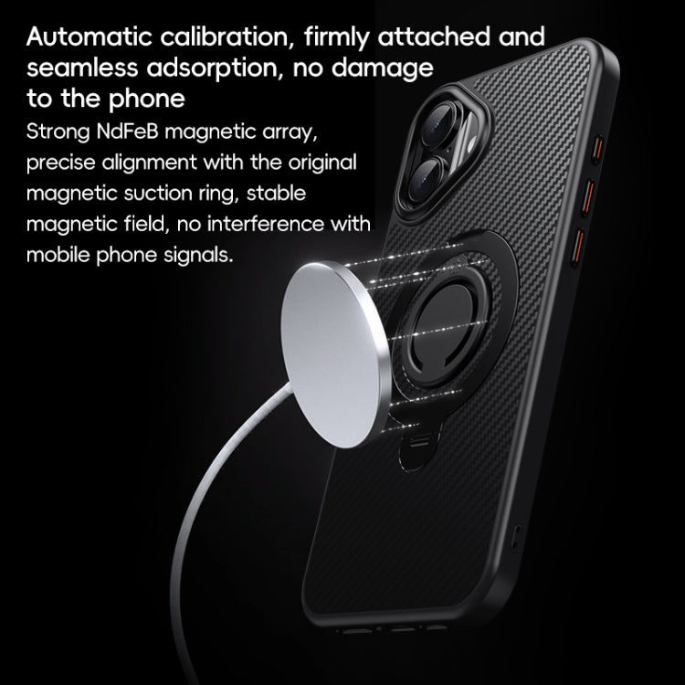 For iPhone 16 Plus Carbon Fiber MagSafe Phone Case with 360 Degree Rotating Holder(Black Silver) - iPhone 16 Plus Cases by buy2fix | Online Shopping UK | buy2fix
