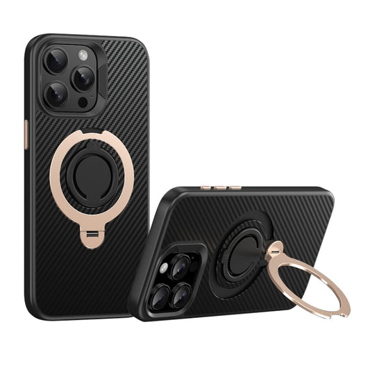 For iPhone 15 Pro Carbon Fiber MagSafe Phone Case with 360 Degree Rotating Holder(Black Gold) - iPhone 15 Pro Cases by buy2fix | Online Shopping UK | buy2fix