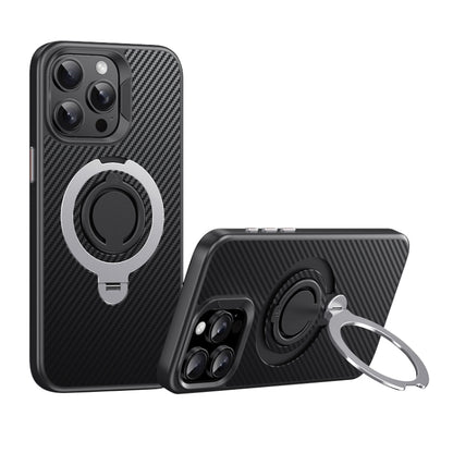For iPhone 15 Pro Carbon Fiber MagSafe Phone Case with 360 Degree Rotating Holder(Black Silver) - iPhone 15 Pro Cases by buy2fix | Online Shopping UK | buy2fix