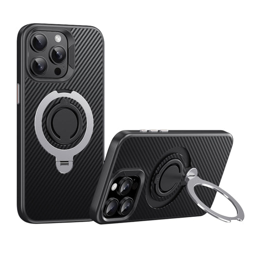 For iPhone 15 Pro Carbon Fiber MagSafe Phone Case with 360 Degree Rotating Holder(Black Silver) - iPhone 15 Pro Cases by buy2fix | Online Shopping UK | buy2fix