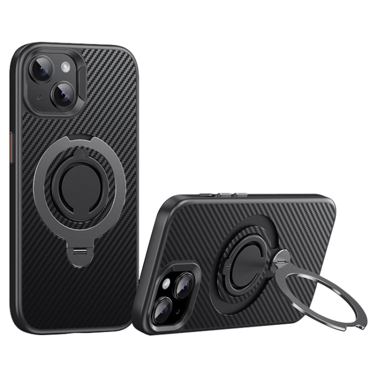 For iPhone 15 Carbon Fiber MagSafe Phone Case with 360 Degree Rotating Holder(Black Grey) - iPhone 15 Cases by buy2fix | Online Shopping UK | buy2fix