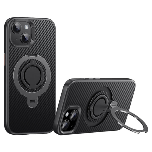 For iPhone 15 Carbon Fiber MagSafe Phone Case with 360 Degree Rotating Holder(Black Grey) - iPhone 15 Cases by buy2fix | Online Shopping UK | buy2fix