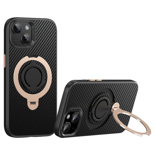 For iPhone 15 Carbon Fiber MagSafe Phone Case with 360 Degree Rotating Holder(Black Gold) - iPhone 15 Cases by buy2fix | Online Shopping UK | buy2fix