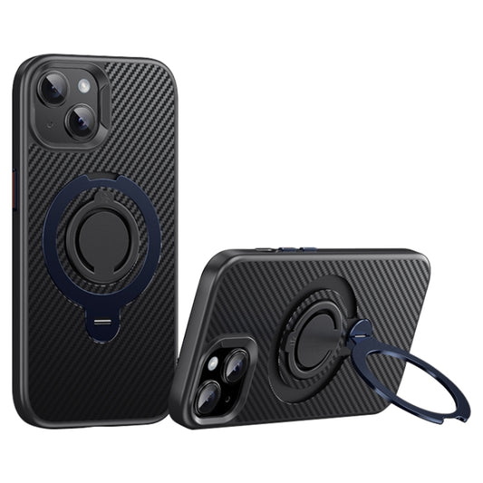 For iPhone 15 Carbon Fiber MagSafe Phone Case with 360 Degree Rotating Holder(Black Blue) - iPhone 15 Cases by buy2fix | Online Shopping UK | buy2fix
