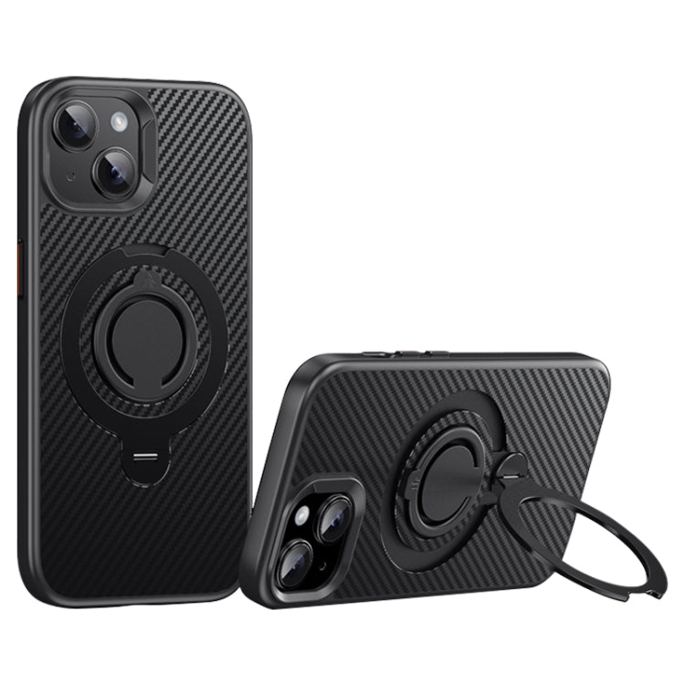 For iPhone 15 Carbon Fiber MagSafe Phone Case with 360 Degree Rotating Holder(Black) - iPhone 15 Cases by buy2fix | Online Shopping UK | buy2fix