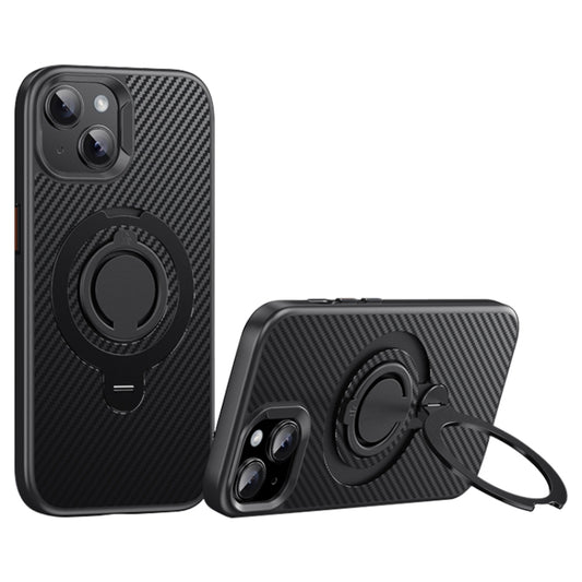 For iPhone 15 Carbon Fiber MagSafe Phone Case with 360 Degree Rotating Holder(Black) - iPhone 15 Cases by buy2fix | Online Shopping UK | buy2fix