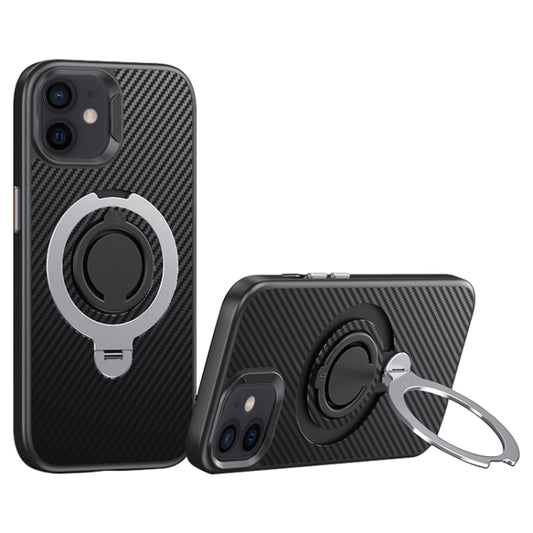 For iPhone 12 / 12 Pro Carbon Fiber MagSafe Phone Case with 360 Degree Rotating Holder(Black Silver) - iPhone 12 / 12 Pro Cases by buy2fix | Online Shopping UK | buy2fix