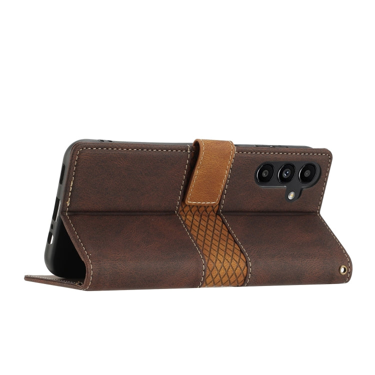 For Samsung Galaxy S25+ 5G Grid Stitching Leather Phone Case with Lanyard(Brown) by buy2fix
