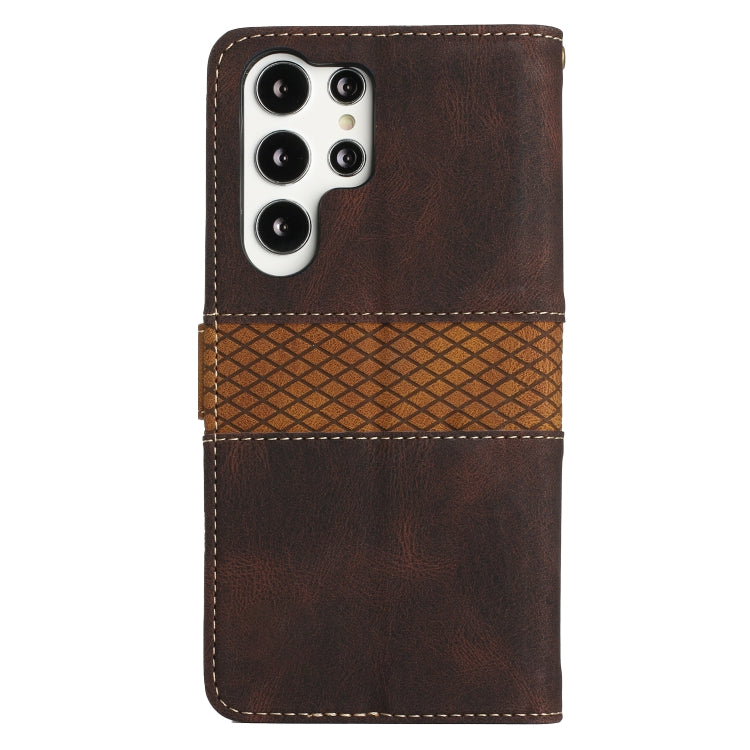 For Samsung Galaxy S25 Ultra 5G Grid Stitching Leather Phone Case with Lanyard(Brown) by buy2fix