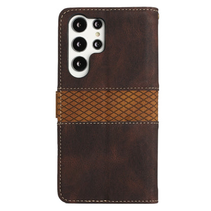 For Samsung Galaxy S25 Ultra 5G Grid Stitching Leather Phone Case with Lanyard(Brown) by buy2fix