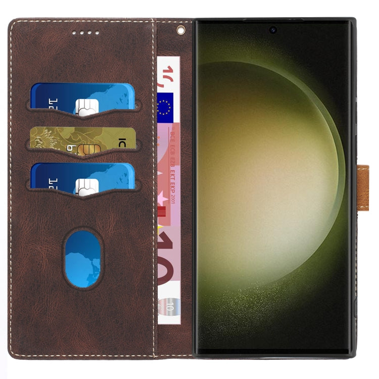 For Samsung Galaxy S25 Ultra 5G Grid Stitching Leather Phone Case with Lanyard(Brown) by buy2fix