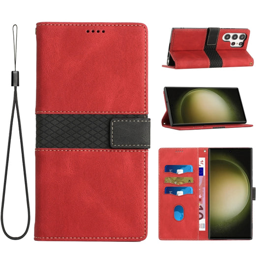 For Samsung Galaxy S25 Ultra 5G Grid Stitching Leather Phone Case with Lanyard(Red) by buy2fix
