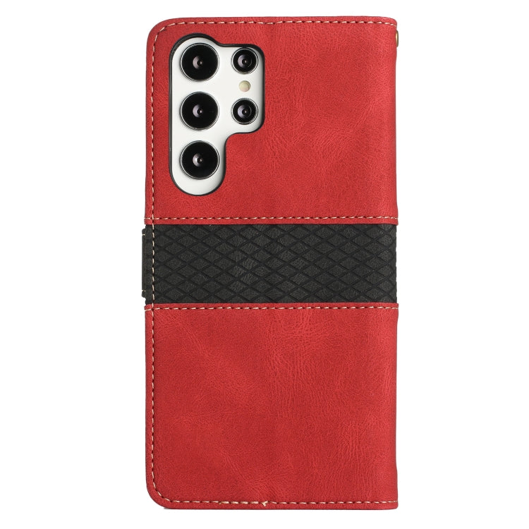 For Samsung Galaxy S25 Ultra 5G Grid Stitching Leather Phone Case with Lanyard(Red) by buy2fix