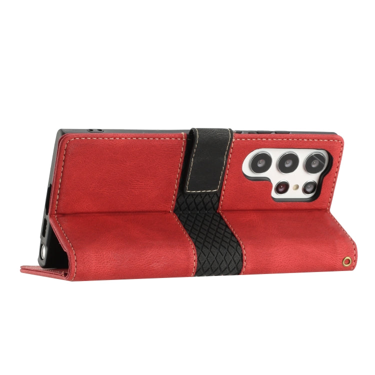 For Samsung Galaxy S25 Ultra 5G Grid Stitching Leather Phone Case with Lanyard(Red) by buy2fix