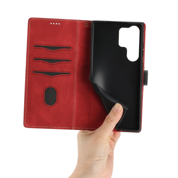 For Samsung Galaxy S25 Ultra 5G Grid Stitching Leather Phone Case with Lanyard(Red) by buy2fix